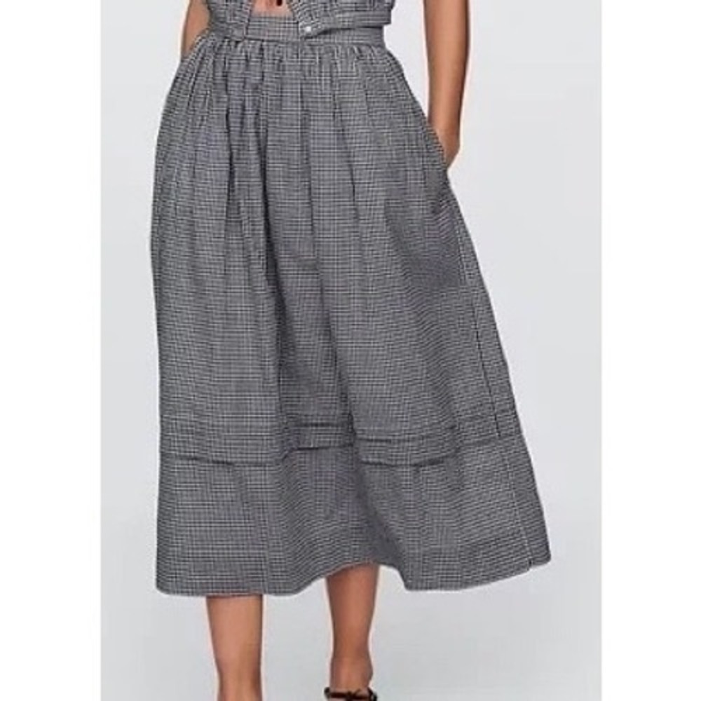 Gap x DOEN Womens Navy Gingham A Line Midi Skirt Cotton Tiered Pockets NWOT RARE